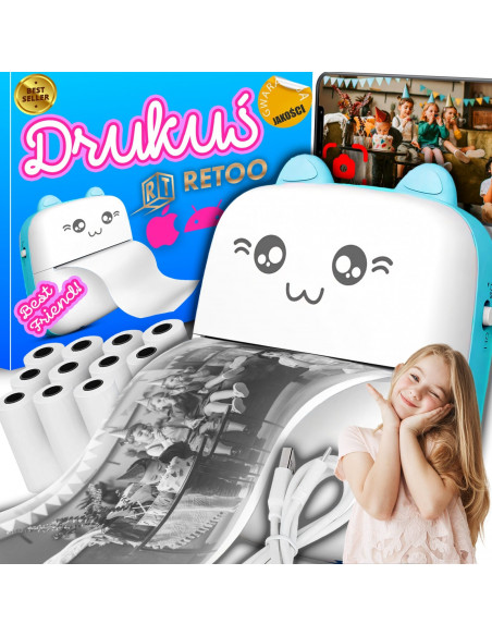 
„Mini Kot“ terminis spausdintuvas vaikams nuotraukoms ir užrašams, 11 ritinėlių, mėlynas
