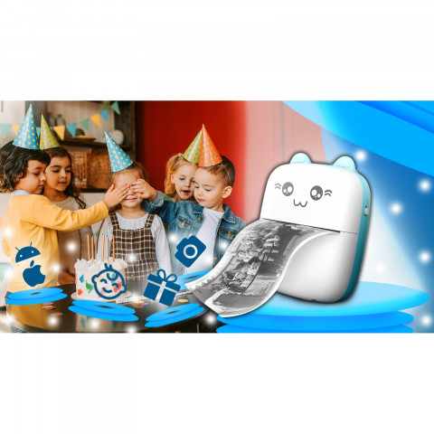 
„Mini Kot“ terminis spausdintuvas vaikams nuotraukoms ir užrašams, 11 ritinėlių, mėlynas
