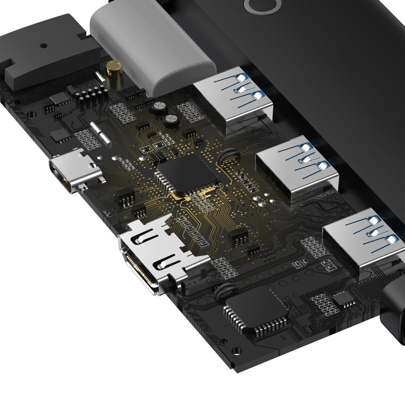 Lite serijos HUB adapteris USB-C HDMI 4x USB 3.0 20cm juodas