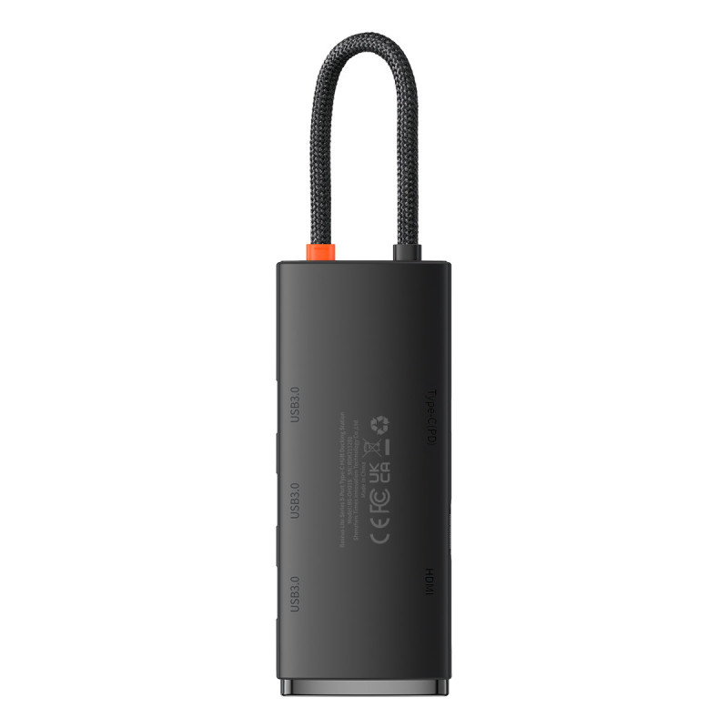 Lite serijos HUB adapteris USB-C HDMI 4x USB 3.0 20cm juodas