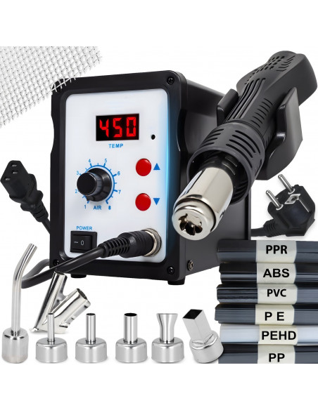 
Karšto oro litavimo stotelė su 7 litavimo antgaliais, 100–480 °C, 800 W
