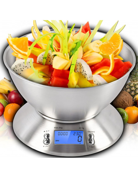 
Elektroninės virtuvės svarstyklės su dubeniu ir termometru, PLIENINĖS, 1,8 l, 1-5000 g / 1 g
