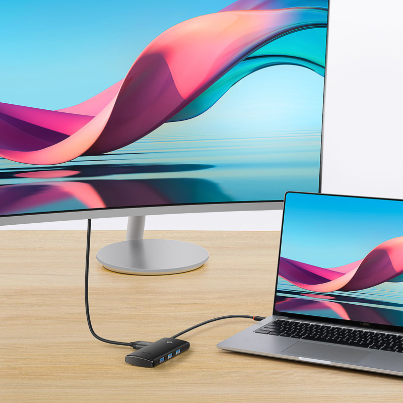Lite serijos HUB adapteris USB-C HDMI 4x USB 3.0 20cm juodas