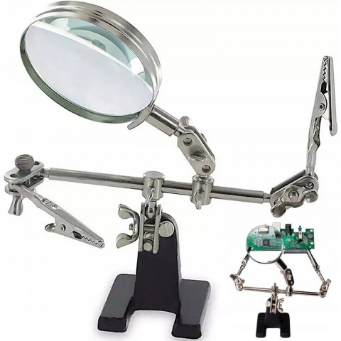 
Trečiųjų rankų litavimo rinkinys su 2,5 karto didinamuoju stiklu ir reguliuojamomis rankenomis
