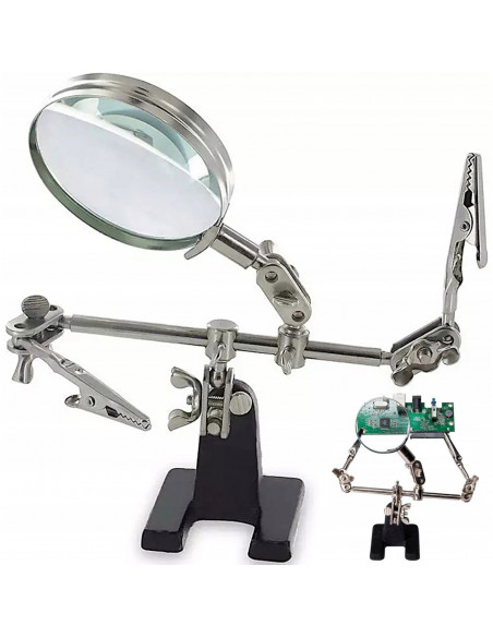 
Trečiųjų rankų litavimo rinkinys su 2,5 karto didinamuoju stiklu ir reguliuojamomis rankenomis
