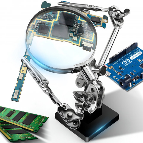 
Trečiųjų rankų litavimo rinkinys su 2,5 karto didinamuoju stiklu ir reguliuojamomis rankenomis
