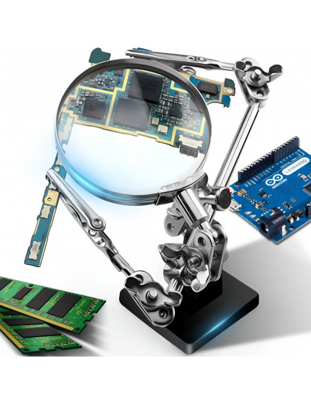 
Trečiųjų rankų litavimo rinkinys su 2,5 karto didinamuoju stiklu ir reguliuojamomis rankenomis
