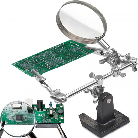 
Trečiųjų rankų litavimo rinkinys su 2,5 karto didinamuoju stiklu ir reguliuojamomis rankenomis
