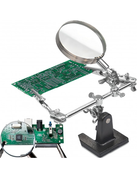 
Trečiųjų rankų litavimo rinkinys su 2,5 karto didinamuoju stiklu ir reguliuojamomis rankenomis
