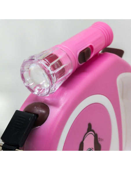 
Automatinis ištraukiamas pavadėlis šunims ir katėms su spyna ir LED žibintuvėliu iki 15 kg, 5 m - rožinis
