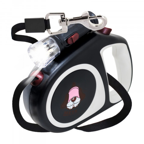 
Automatinis ištraukiamas pavadėlis šunims ir katėms su spyna ir LED žibintuvėliu iki 15 kg, 5 m - juodas
