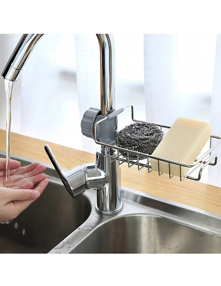 
Kriauklės maišytuvo lentynėlė kempinėms, pritvirtinta prie kriauklės
