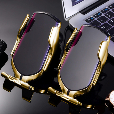 
Automobilinis laikiklis su telefono įkrovikliu oro išleidimo angai - juodas ir auksinis
