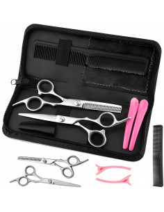 
Kirpyklos įrankių rinkinys plaukams ir barzdai dėkle: retinimo žirklės, šukos, segtukai - 7 vnt.
