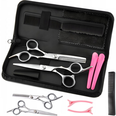 
Kirpyklos įrankių rinkinys plaukams ir barzdai dėkle: retinimo žirklės, šukos, segtukai - 7 vnt.
