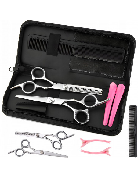 
Kirpyklos įrankių rinkinys plaukams ir barzdai dėkle: retinimo žirklės, šukos, segtukai - 7 vnt.
