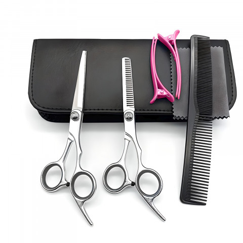 
Kirpyklos įrankių rinkinys plaukams ir barzdai dėkle: retinimo žirklės, šukos, segtukai - 7 vnt.
