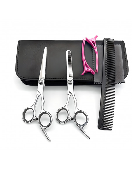 
Kirpyklos įrankių rinkinys plaukams ir barzdai dėkle: retinimo žirklės, šukos, segtukai - 7 vnt.
