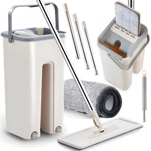 
Plokščia šluostė su dviejų kamerų kibiru ir gręžtuvu, 2 įdėklais, 2 x 4,5 l
