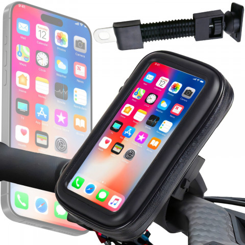 
Vandeniui atsparus dviračio laikiklis su telefono krepšiu ir vairo rankena
