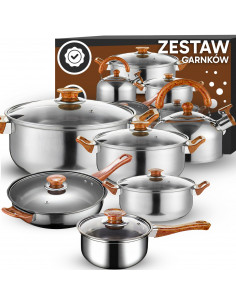 
Virtuvinių puodų su dangčiais, virdulio ir keptuvės rinkinys dujinėms ir indukcinėms viryklėms – 11 dalių.
