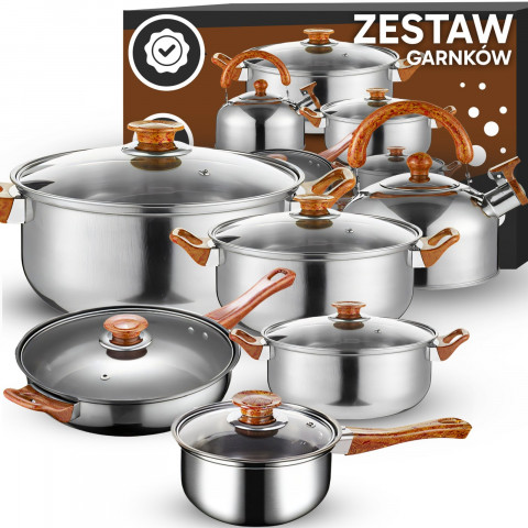 
Virtuvinių puodų su dangčiais, virdulio ir keptuvės rinkinys dujinėms ir indukcinėms viryklėms – 11 dalių.
