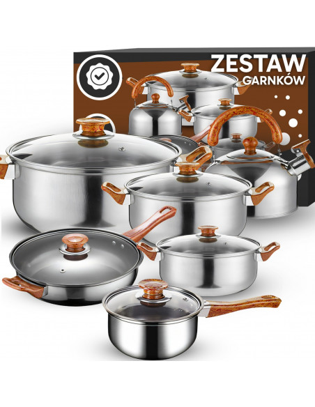 
Virtuvinių puodų su dangčiais, virdulio ir keptuvės rinkinys dujinėms ir indukcinėms viryklėms – 11 dalių.
