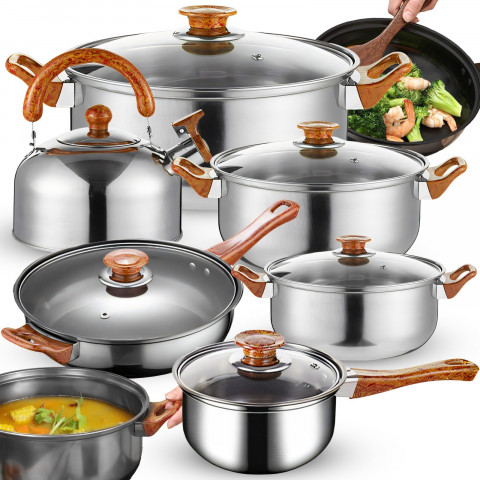 
Virtuvinių puodų su dangčiais, virdulio ir keptuvės rinkinys dujinėms ir indukcinėms viryklėms – 11 dalių.
