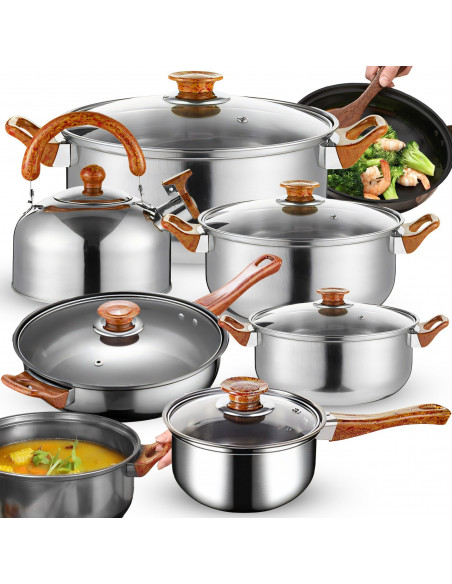 
Virtuvinių puodų su dangčiais, virdulio ir keptuvės rinkinys dujinėms ir indukcinėms viryklėms – 11 dalių.
