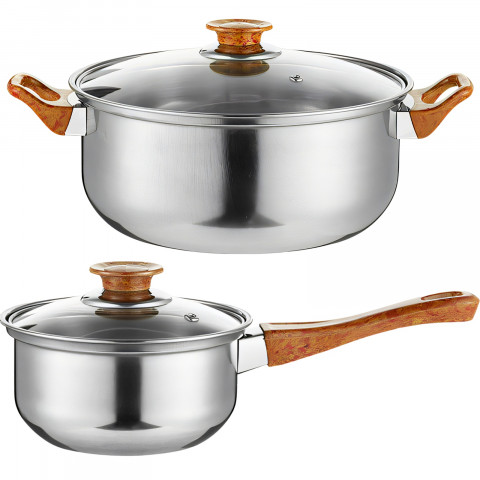 
Virtuvinių puodų su dangčiais, virdulio ir keptuvės rinkinys dujinėms ir indukcinėms viryklėms – 11 dalių.
