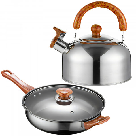 
Virtuvinių puodų su dangčiais, virdulio ir keptuvės rinkinys dujinėms ir indukcinėms viryklėms – 11 dalių.
