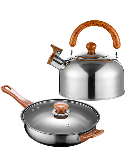 
Virtuvinių puodų su dangčiais, virdulio ir keptuvės rinkinys dujinėms ir indukcinėms viryklėms – 11 dalių.
