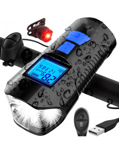 
Įkraunamas dviračio žibintas vairui su skaitikliu ir skambučiu, atsparus vandeniui, 300 lm
