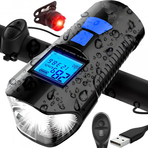 
Įkraunamas dviračio žibintas vairui su skaitikliu ir skambučiu, atsparus vandeniui, 300 lm
