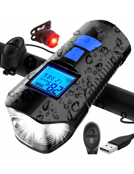 
Įkraunamas dviračio žibintas vairui su skaitikliu ir skambučiu, atsparus vandeniui, 300 lm
