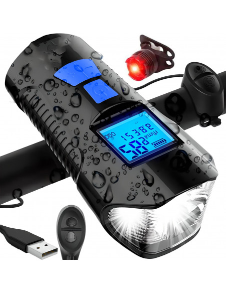 
Įkraunamas dviračio žibintas vairui su skaitikliu ir skambučiu, atsparus vandeniui, 300 lm
