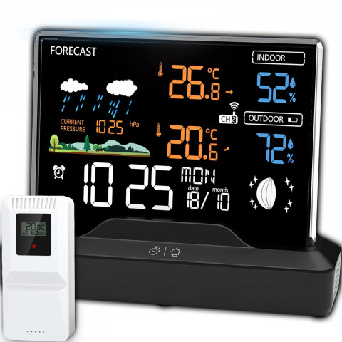 
Belaidė meteorologinė stotelė, laikrodis, termometras, higrometras, barometras, 1 jutiklis, 80 m, LCD ekranas
