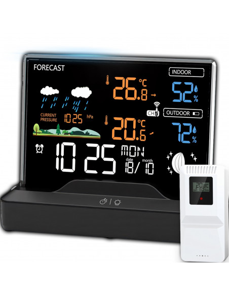 
Belaidė meteorologinė stotelė, laikrodis, termometras, higrometras, barometras, 1 jutiklis, 80 m, LCD ekranas
