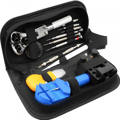 
Tikslių serviso įrankių rinkinys laikrodžių, apyrankių ir dirželių taisymui.
