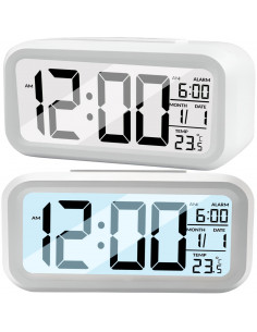 
Baterijomis maitinamas žadintuvas su termometru, data ir foniniu apšvietimu
