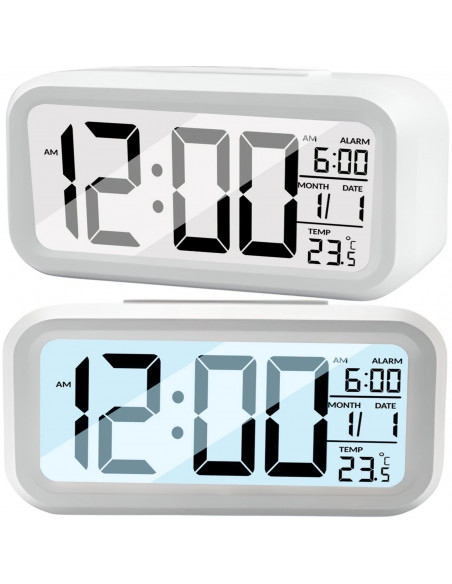 
Baterijomis maitinamas žadintuvas su termometru, data ir foniniu apšvietimu
