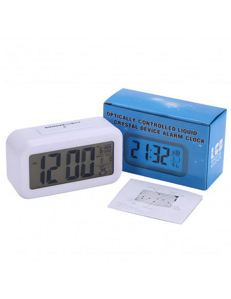 
Baterijomis maitinamas žadintuvas su termometru, data ir foniniu apšvietimu
