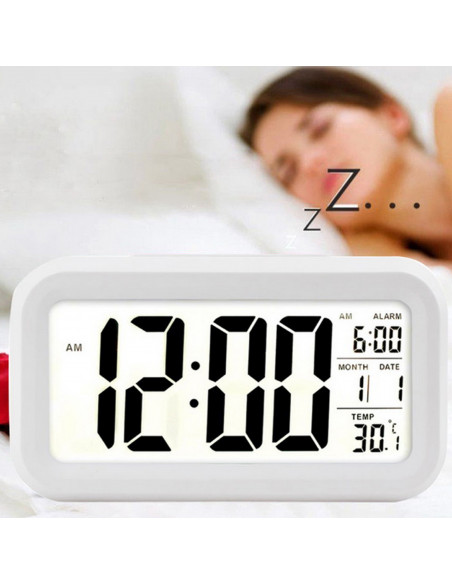 
Baterijomis maitinamas žadintuvas su termometru, data ir foniniu apšvietimu
