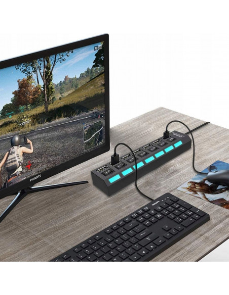 
USB-A šakotuvas su apšviestais jungikliais, 7 prievadų
