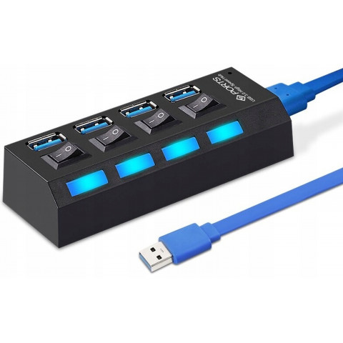 
USB-A šakotuvas su apšviestais jungikliais, 4 prievadai
