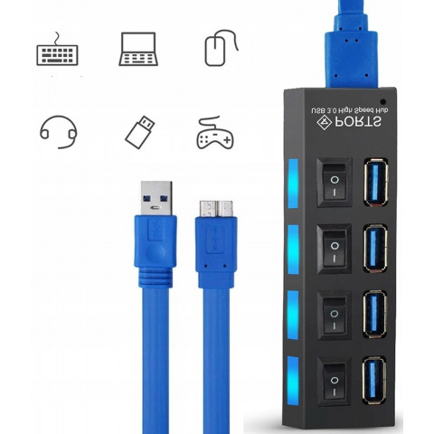 
USB-A šakotuvas su apšviestais jungikliais, 4 prievadai
