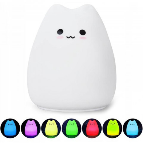 
Silikoninė baterijomis maitinama naktinė lempa vaikams, 7 LED spalvų - katė
