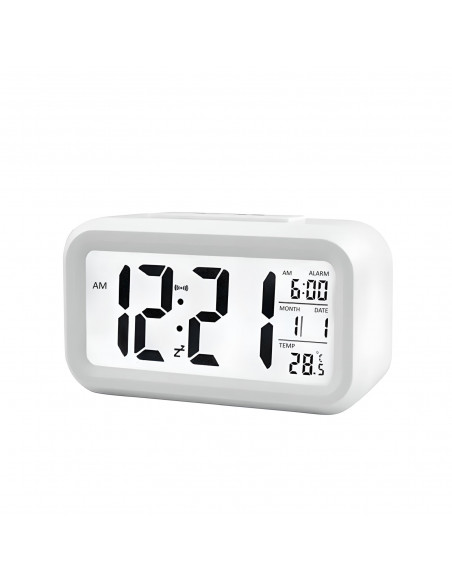 
Baterijomis maitinamas žadintuvas su termometru, data ir foniniu apšvietimu
