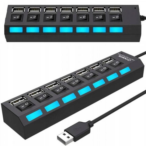 
USB-A šakotuvas su apšviestais jungikliais, 7 prievadų
