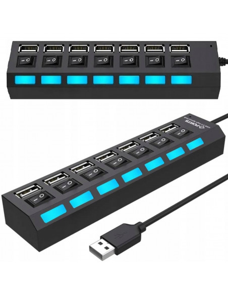 
USB-A šakotuvas su apšviestais jungikliais, 7 prievadų
